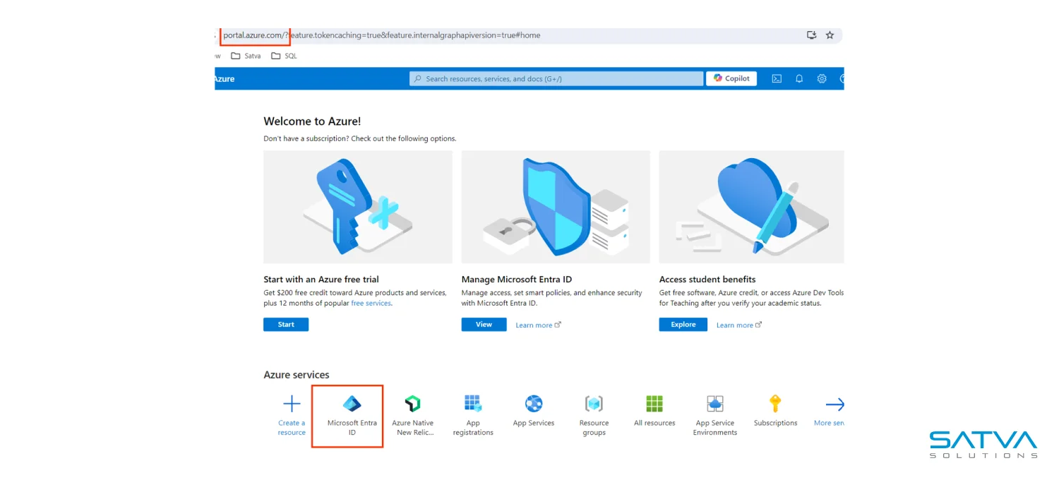 A screenshot of the Azure portal homepage showcases options for a free trial, Microsoft Entra ID, and student benefits, along with a navigation bar on top illustrating Service-to-Service (S2S) Authentication capabilities.