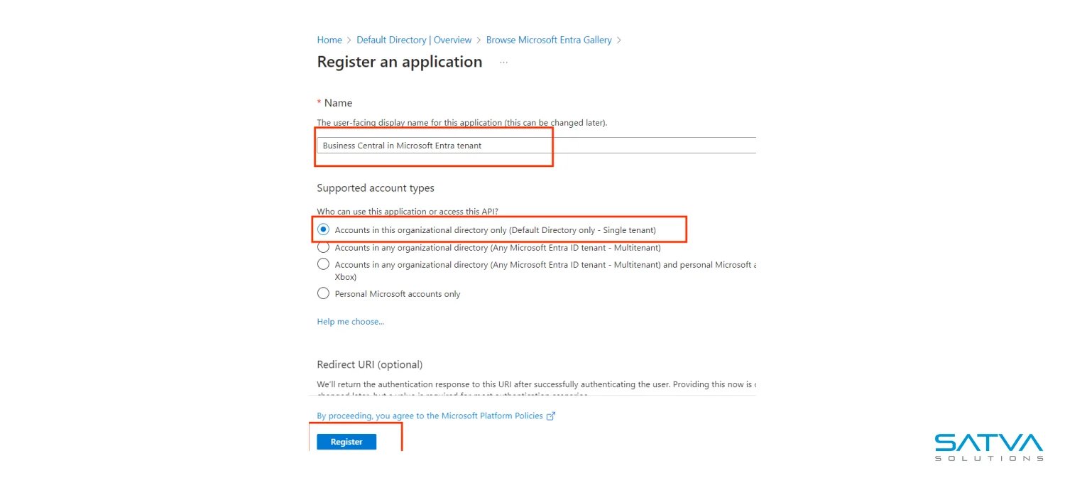 A webpage featuring the "Register an application" form for Business Central in Microsoft Entra, emphasizing fields for application information, supported account types, and Service-to-Service (S2S) Authentication options.