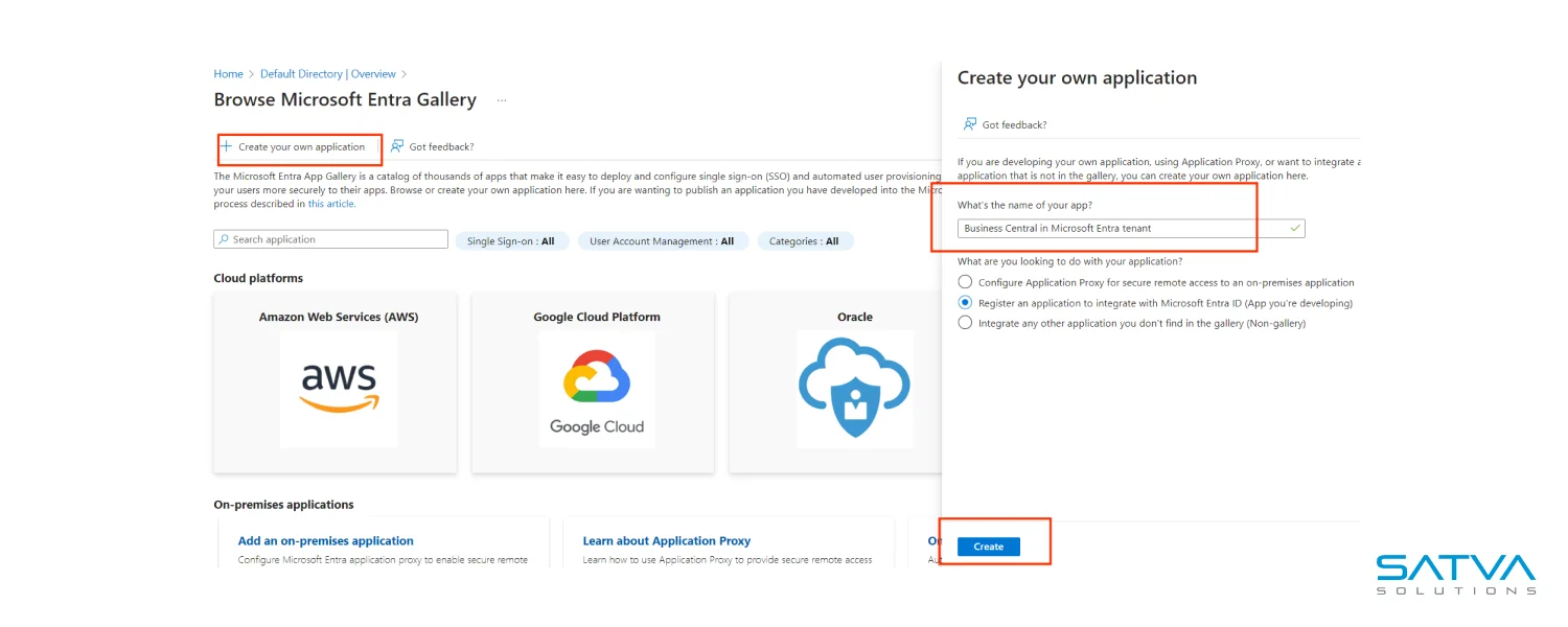 Screenshot of a Microsoft Entra Gallery page featuring a form to create a new application with Service-to-Service (S2S) Authentication. The form fields include the app's name and type, while options for various cloud platforms are conveniently displayed on the left.