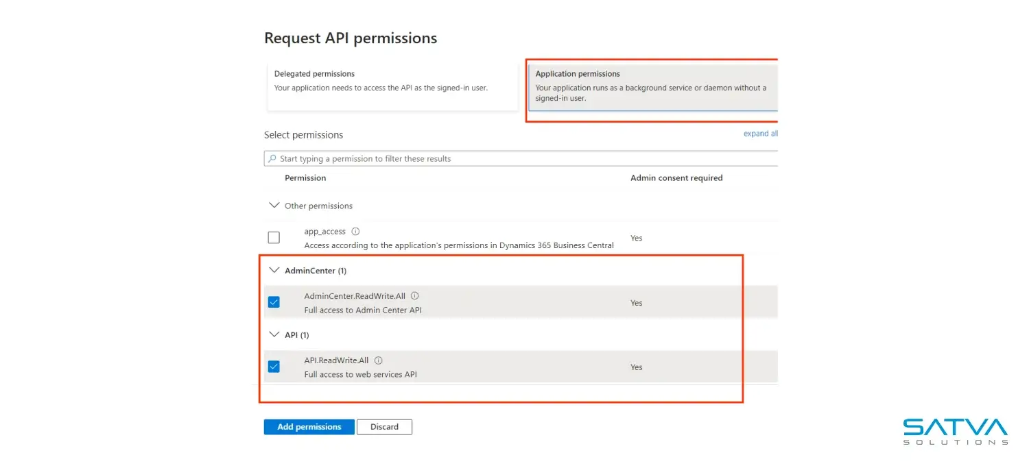 Screenshot of an API permissions request page highlighting options for delegated and application permissions in Dynamics 365 Business Central. Ideal for Service-to-Service (S2S) Authentication setups, the "Add permissions" button is conveniently located at the bottom.