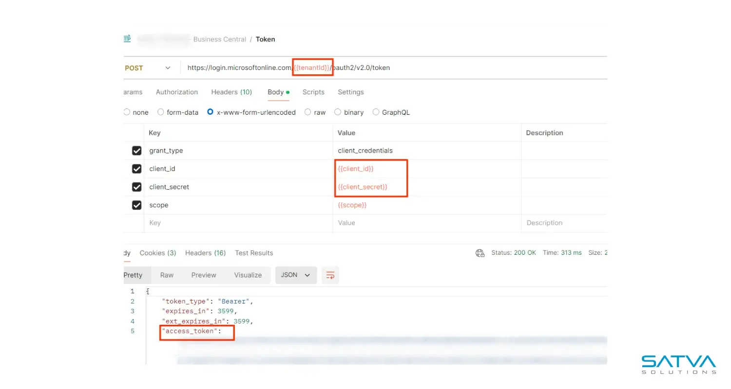 Screenshot of a web interface demonstrating Service-to-Service (S2S) Authentication with a POST request. Parameters like client ID, secret, and scope are neatly arranged in a table. The JSON response displays an access token and its expiration time, highlighting secure data exchange.