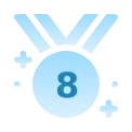 A light blue medal with a white number 8 in the center.