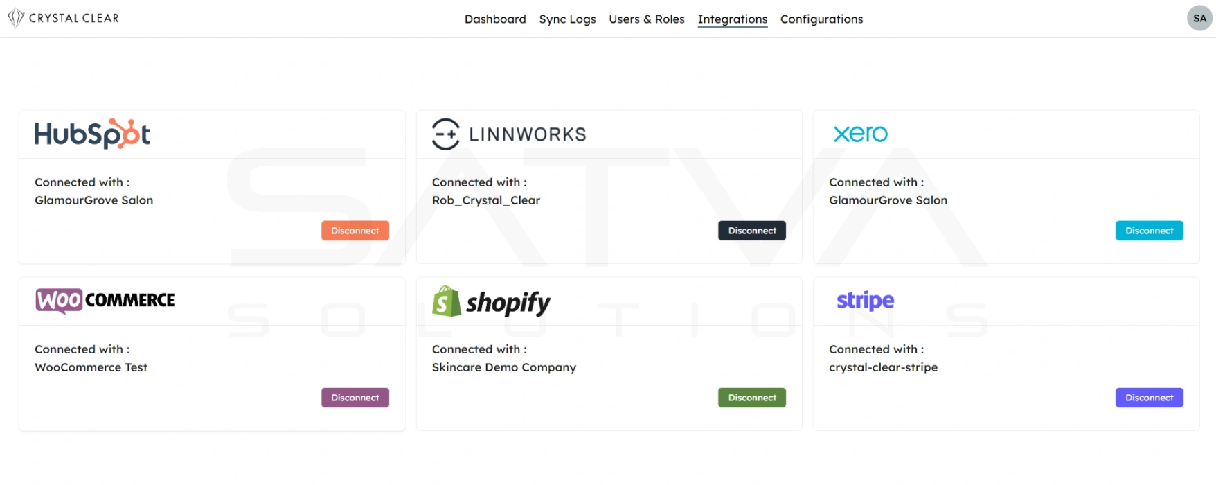 Dashboard showing integrations with HubSpot, Linnworks, Xero, WooCommerce, Shopify, and Stripe, each with status and disconnect options.