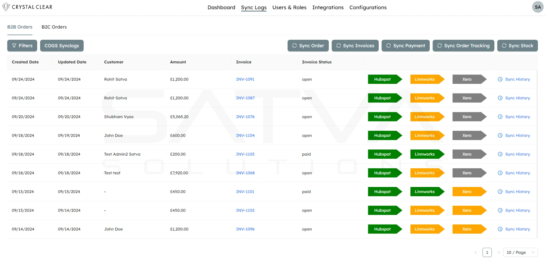 A dashboard displaying 10 order entries with columns for order date, customer, amount, invoice, invoice status, and sync options. Invoice statuses are either "open" or "paid.