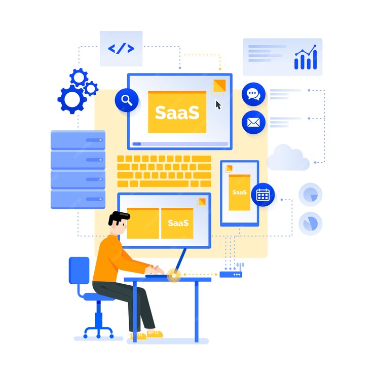 Illustration of a person at a desk using a computer, surrounded by SaaS-related icons and graphics, including cloud, calendar, email, and coding symbols.