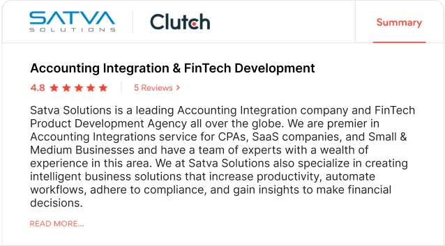 Business listing for Satva Solutions on Clutch, highlighting expertise in accounting integration and FinTech development with a 4.8-star rating and 5 reviews.