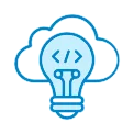 Illustration of a light bulb with code symbols inside, encircled by a cloud outline.