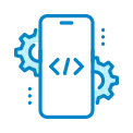 Icon of a smartphone with blue gears and code symbol, representing mobile app development.