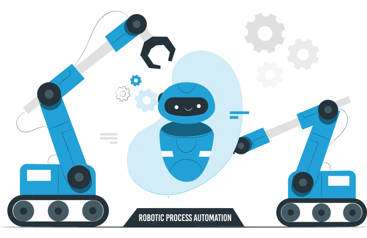 Robotic hand points at a digital interface with icons for RPA, machine learning, data analytics, artificial intelligence, and robotics on a blue background.