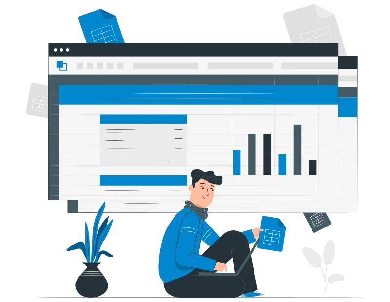 A person sits in front of a large computer screen displaying graphs and charts, with documents floating around.