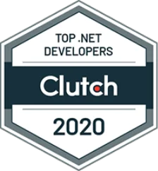 Badge titled Top .NET Developers, Clutch, 2020 in a hexagonal shape.