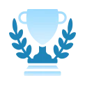 Blue trophy icon surrounded by laurel leaves.