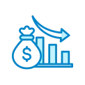 Icon of a money bag with a dollar sign and a downward-pointing arrow over three decreasing bars, indicating financial decline.