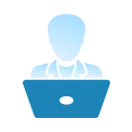 Silhouette of a person sitting behind a laptop with a blue screen.