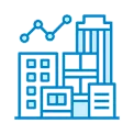 Illustration of city buildings with a rising line graph above, indicating growth or progress.