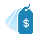 Blue price tag with a dollar symbol in the center; shadow extends to the left.