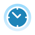 Blue clock icon with a black hour and minute hand on a light blue circular background.