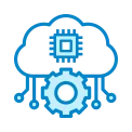 Icon depicting a cloud connected to a microchip and a gear with nodes, symbolizing technology and connectivity.