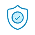 A blue outline shield with a checkmark inside a circle, symbolizing security or protection.