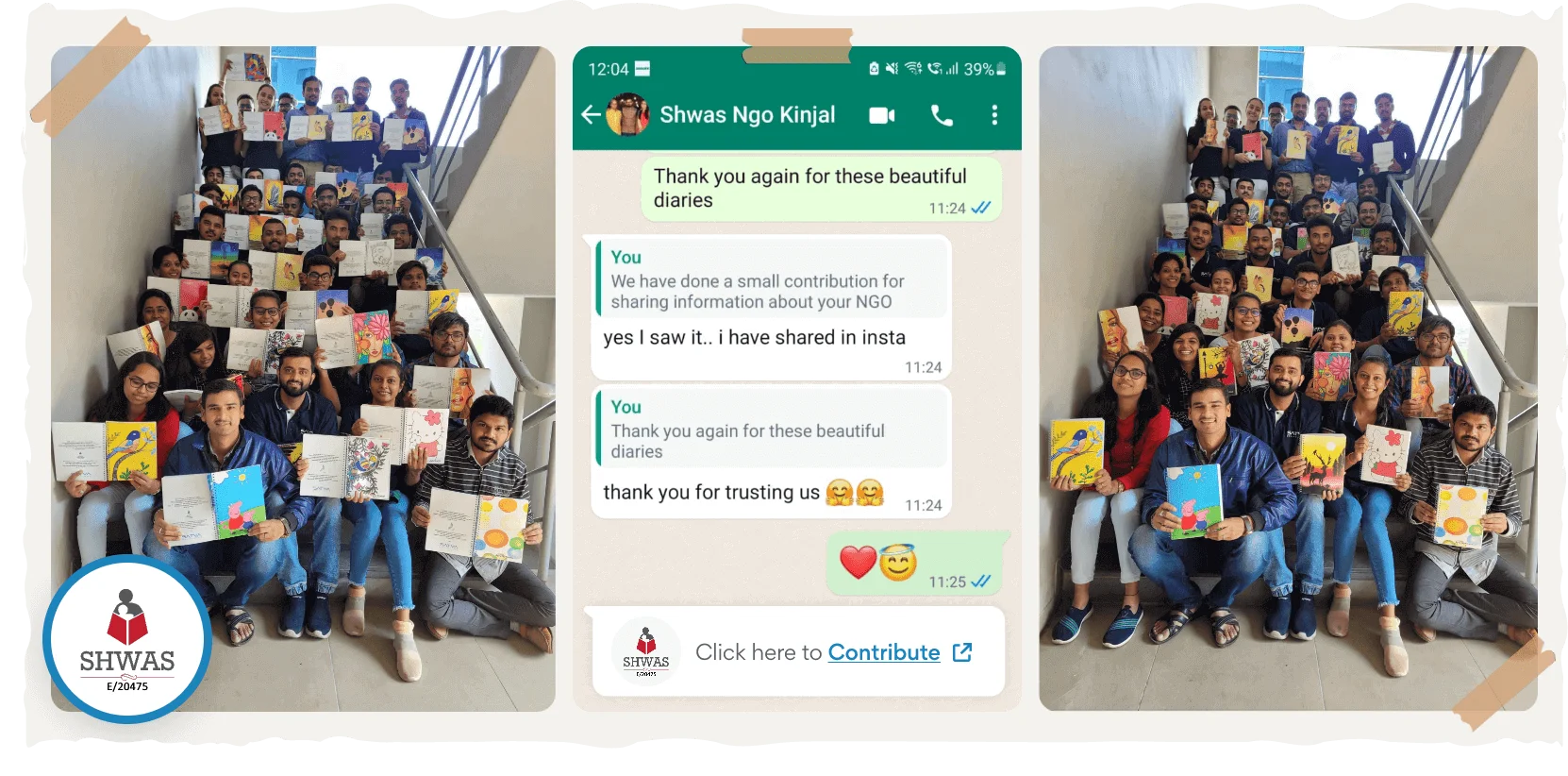 Group of people sitting on stairs holding colorful diaries, with a screenshot of a WhatsApp conversation expressing gratitude and instructions to contribute to Shwas NGO at the bottom.