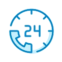 Blue icon of a 24/7 clock with a phone symbol, indicating around-the-clock availability or service.