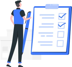 An illustration of a person holding a giant pen, standing next to a large checklist with several boxes checked off.