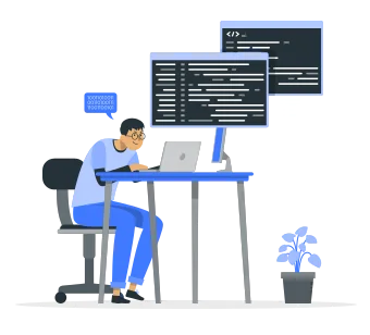 Illustration of a person tired at a desk with a laptop and two monitors showing code, next to a plant.