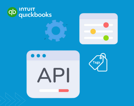 QuickBooks API illustration featuring gear, API text on a window, colored circles on lines, and tags icon—perfectly capturing the essence of Tags in QuickBooks Online API—set against a blue background.