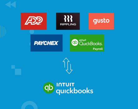 Logos of ADP, Rippling, Gusto, Paychex, and QuickBooks Payroll are shown above arrows pointing to the Intuit QuickBooks logo, highlighting payroll software that integrates seamlessly with QuickBooks.