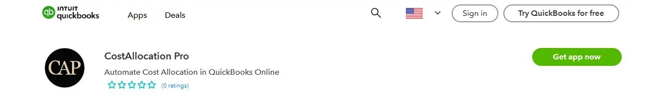 Screenshot of the CostAllocation Pro app listing on QuickBooks, featuring a 4-star rating and options to sign in or try QuickBooks for free. A 