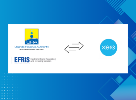 Logos of Uganda Revenue Authority's EFRIS and Xero with two arrows indicating a connection between them on a blue geometric background.