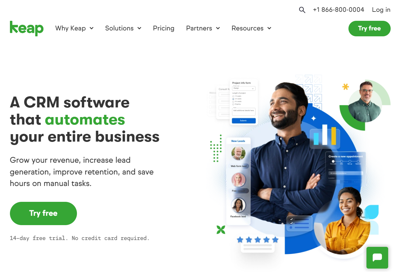 A webpage promoting Keap CRM software, showcasing diverse professionals, charts, and text underscoring automation benefits like increasing revenue and saving time. It highlights seamless integration with QuickBooks for streamlined financial management.