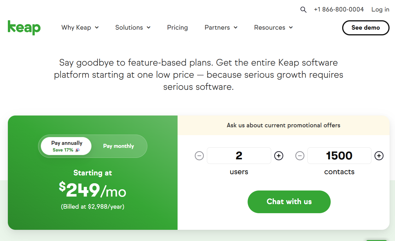 Keap software pricing page highlights automation plans starting at $249/month for 2 users and 1500 contacts, with seamless integration into CRM software that works with QuickBooks. Options to chat and inquire about promotional offers are available.