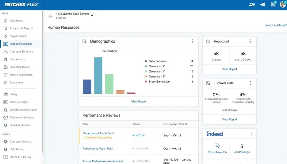 Screenshot of a PAYCHEX FLEX dashboard showing HR metrics: demographics by generation, headcount of 58, turnover rate of 6%, and performance reviews from October 1-3.