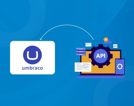 Banner illustrating steps to use the Content Service API in Umbraco CMS, featuring icons of the Umbraco logo and API documentation.