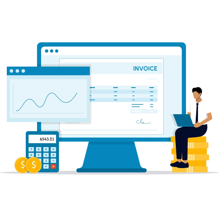 Illustration of a person at a desk using a computer, surrounded by SaaS-related icons and graphics, including cloud, calendar, email, and coding symbols.