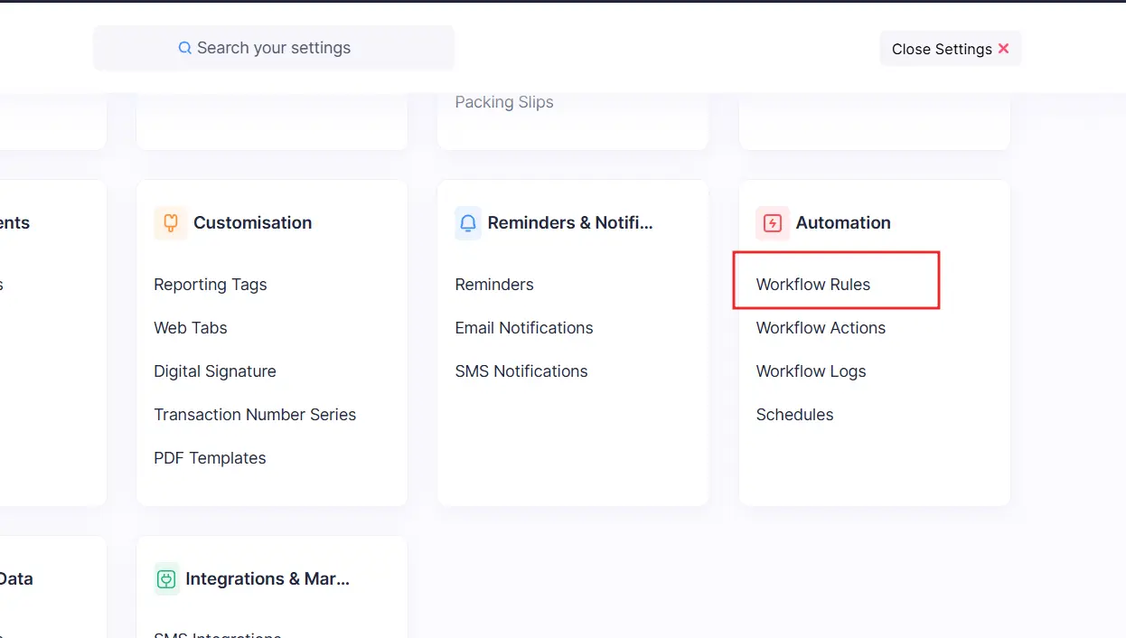 Zoho Books settings page showing the 'Automation' section with 'Workflow Rules' highlighted in red