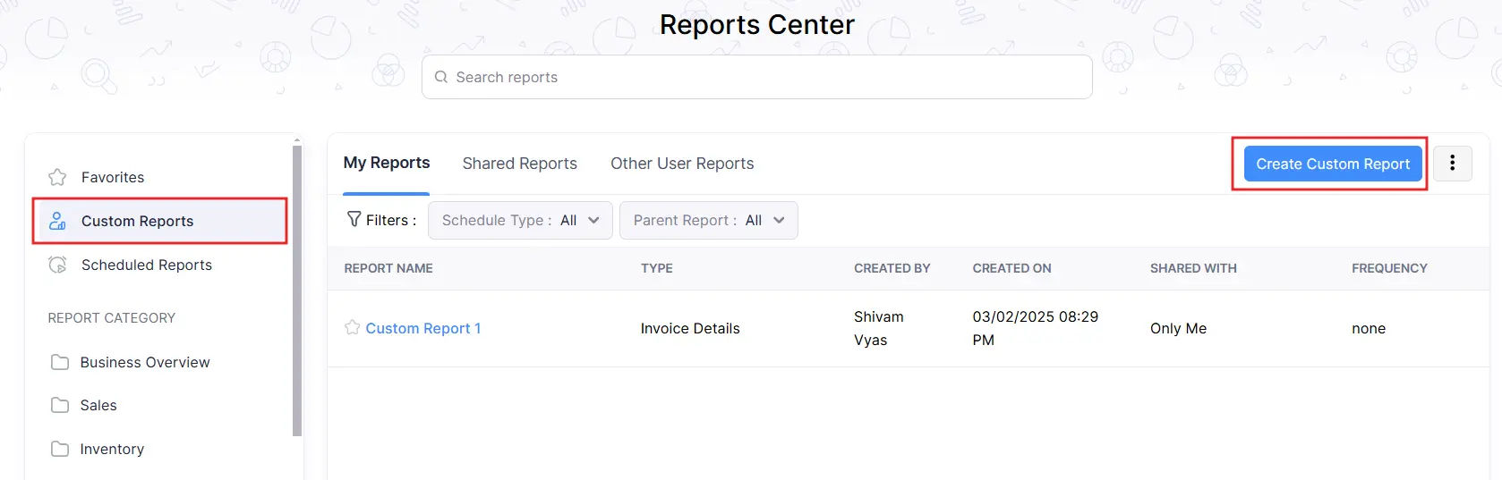 Zoho Books Reports Center highlighting 'Custom Reports' in the left sidebar and 'Create Custom Report' button to generate a new report.