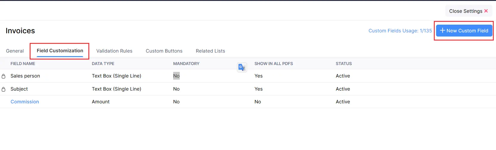 Zoho Books Invoices module with 'Field Customization' tab and 'New Custom Field' button highlighted.