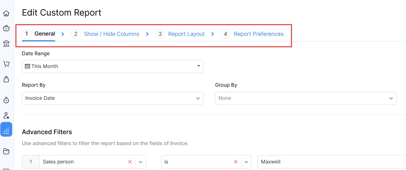 Zoho Books interface displaying the 'New Custom Report' dialog box, prompting the user to select a report to customize