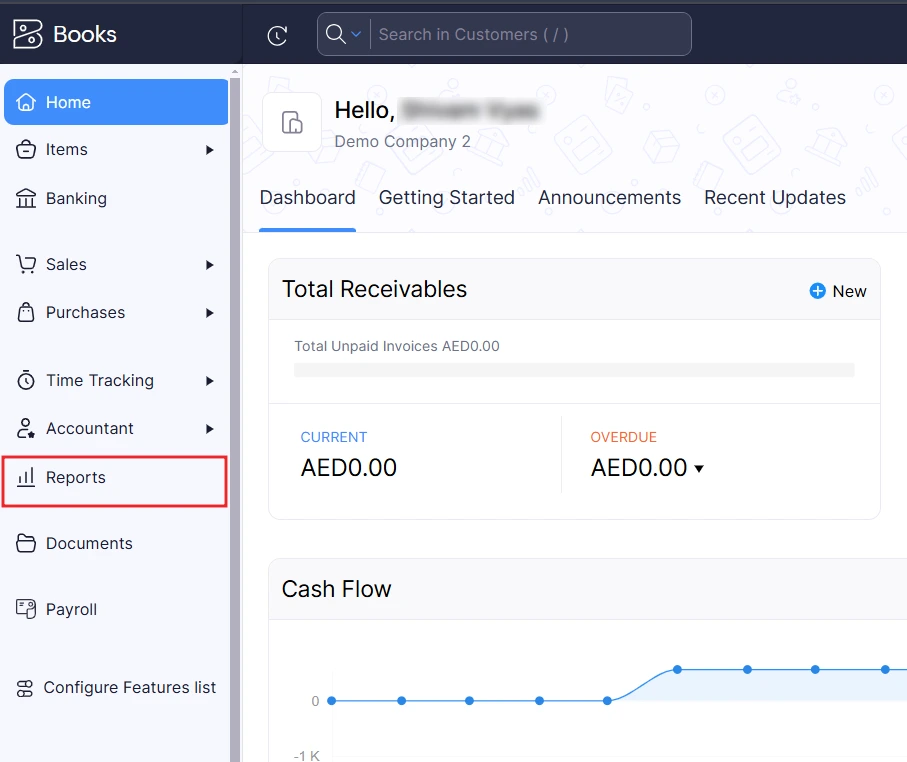 Zoho Books dashboard highlighting the 'Reports' menu in the left sidebar, guiding users to access reporting features