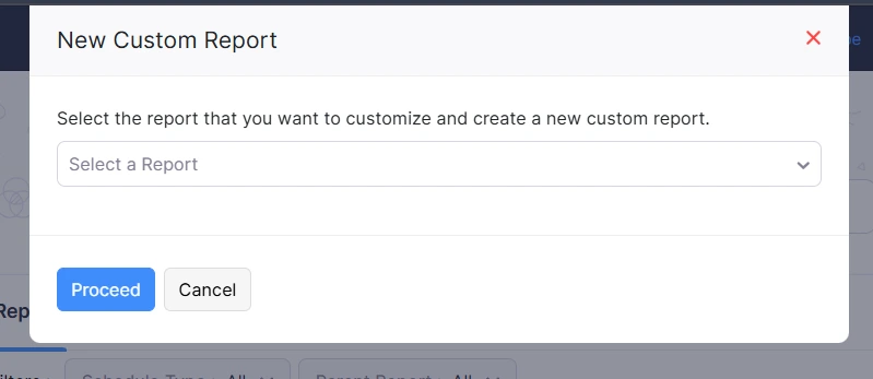 Zoho Books 'New Custom Report' popup window prompting users to select a report to customize, with options to proceed or cancel.