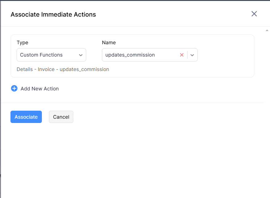 Zoho Books interface showing the 'Associate Immediate Actions' screen with a custom function named 'updates_commission' linked to invoices.