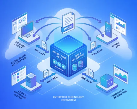 ASP.NET Core API integration architecture showing XML data flow between enterprise systems, mobile apps and cloud services