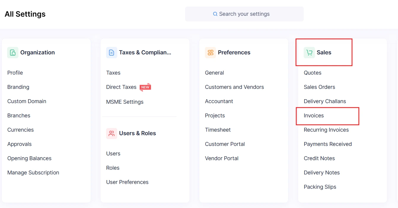 Zoho Books settings page with 'Sales' and 'Invoices' options highlighted