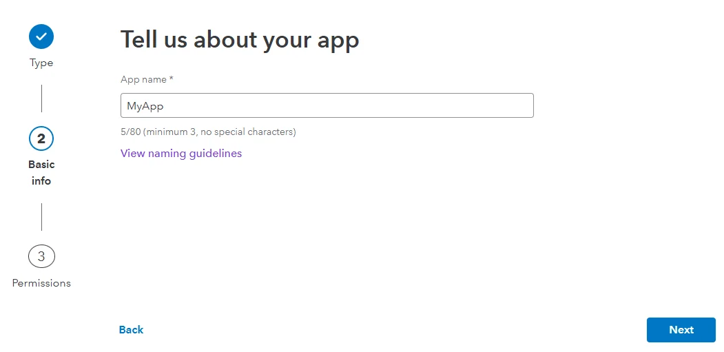 QuickBooks app registration form showing the basic info step with an app name input field and naming guidelines.