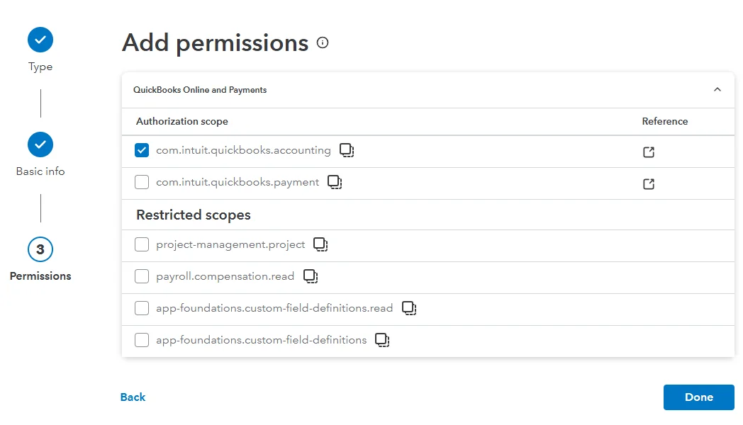 QuickBooks API permissions confirmation popup with read and write access request for accounting data.