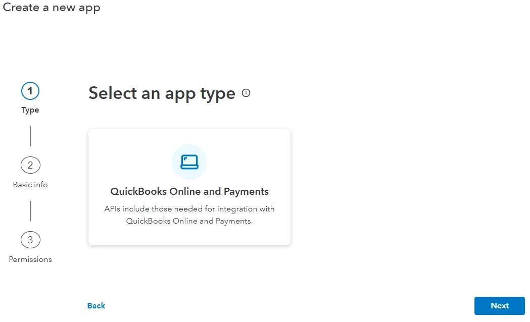 QuickBooks app type selection screen highlighting QuickBooks Online and Payments API integration.