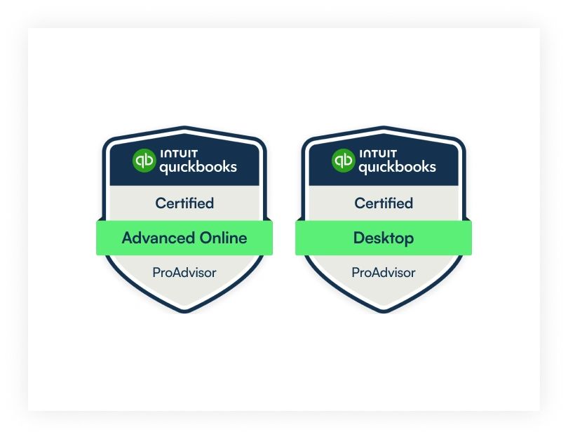 Two badges show certifications for Intuit QuickBooks ProAdvisors: one for Advanced Online with a green accent, and one for Desktop with a blue accent.