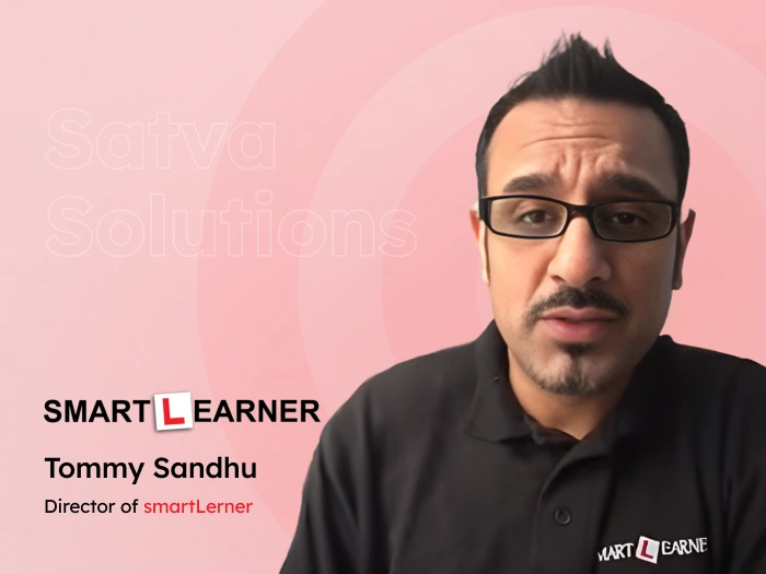 Tommy Sandhu, Director of smartLerner, wearing a branded polo shirt, providing a testimonial for Satva Solutions.